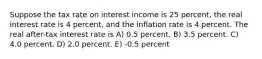 Suppose the tax rate on interest income is 25 percent, the real interest rate is 4 percent, and the inflation rate is 4 percent. The real after-tax interest rate is A) 0.5 percent. B) 3.5 percent. C) 4.0 percent. D) 2.0 percent. E) -0.5 percent