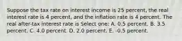 Suppose the tax rate on interest income is 25 percent, the real interest rate is 4 percent, and the inflation rate is 4 percent. The real after-tax interest rate is Select one: A. 0.5 percent. B. 3.5 percent. C. 4.0 percent. D. 2.0 percent. E. -0.5 percent.