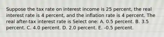 Suppose the tax rate on interest income is 25 percent, the real interest rate is 4 percent, and the inflation rate is 4 percent. The real after-tax interest rate is Select one: A. 0.5 percent. B. 3.5 percent. C. 4.0 percent. D. 2.0 percent. E. -0.5 percent.