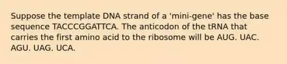 Suppose the template DNA strand of a 'mini-gene' has the base sequence TACCCGGATTCA. The anticodon of the tRNA that carries the first amino acid to the ribosome will be AUG. UAC. AGU. UAG. UCA.