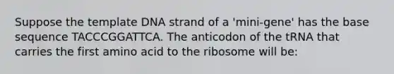 Suppose the template DNA strand of a 'mini-gene' has the base sequence TACCCGGATTCA. The anticodon of the tRNA that carries the first amino acid to the ribosome will be: