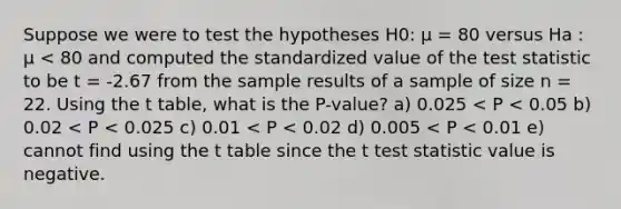 Suppose we were to test the hypotheses H0: µ = 80 versus Ha : µ < 80 and computed the standardized value of <a href='https://www.questionai.com/knowledge/kzeQt8hpQB-the-test-statistic' class='anchor-knowledge'>the test statistic</a> to be t = -2.67 from the sample results of a sample of size n = 22. Using the t table, what is the P-value? a) 0.025 < P < 0.05 b) 0.02 < P < 0.025 c) 0.01 < P < 0.02 d) 0.005 < P < 0.01 e) cannot find using the t table since the t test statistic value is negative.