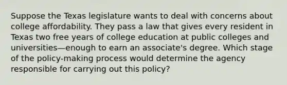 Suppose the Texas legislature wants to deal with concerns about college affordability. They pass a law that gives every resident in Texas two free years of college education at public colleges and universities—enough to earn an associate's degree. Which stage of the policy-making process would determine the agency responsible for carrying out this policy?