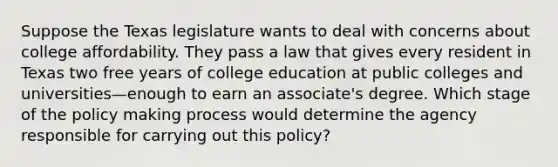 Suppose the Texas legislature wants to deal with concerns about college affordability. They pass a law that gives every resident in Texas two free years of college education at public colleges and universities—enough to earn an associate's degree. Which stage of the policy making process would determine the agency responsible for carrying out this policy?