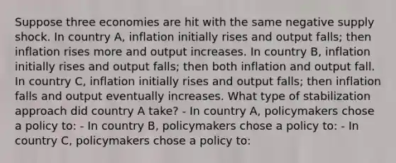 Suppose three economies are hit with the same negative supply shock. In country​ A, inflation initially rises and output​ falls; then inflation rises more and output increases. In country​ B, inflation initially rises and output​ falls; then both inflation and output fall. In country​ C, inflation initially rises and output​ falls; then inflation falls and output eventually increases. What type of stabilization approach did country A take? - In country A, policymakers chose a policy to: - In country B, policymakers chose a policy to: - In country C, policymakers chose a policy to: