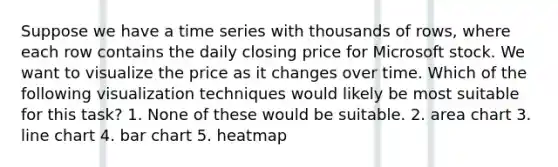 Suppose we have a time series with thousands of rows, where each row contains the daily closing price for Microsoft stock. We want to visualize the price as it changes over time. Which of the following visualization techniques would likely be most suitable for this task? 1. None of these would be suitable. 2. area chart 3. line chart 4. bar chart 5. heatmap