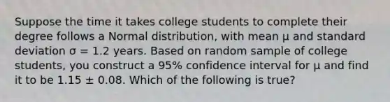 Suppose the time it takes college students to complete their degree follows a Normal distribution, with mean µ and standard deviation σ = 1.2 years. Based on random sample of college students, you construct a 95% confidence interval for µ and find it to be 1.15 ± 0.08. Which of the following is true?