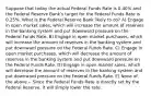 Suppose that today the actual Federal Funds Rate is 0.40% and the Federal Reserve Bankʹs target for the Federal Funds Rate is 0.25%. What is the Federal Reserve Bank likely to do? A) Engage in open market sales, which will increase the amount of reserves in the banking system and put downward pressure on the Federal Funds Rate. B) Engage in open market purchases, which will increase the amount of reserves in the banking system and put downward pressure on the Federal Funds Rate. C) Engage in open market purchases, which will decrease the amount of reserves in the banking system and put downward pressure on the Federal Funds Rate. D) Engage in open market sales, which will decrease the amount of reserves in the banking system and put downward pressure on the Federal Funds Rate. E) None of the above -- Since the Federal Funds Rate is directly set by the Federal Reserve, it will simply lower the rate.