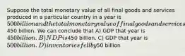 Suppose the total monetary value of all final goods and services produced in a particular country in a year is 500 billion and the total monetary value of final goods and services sold is450 billion. We can conclude that A) GDP that year is 450 billion. B) NDP is450 billion. C) GDP that year is 500 billion. D) inventories fell by50 billion