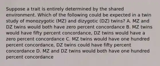 Suppose a trait is entirely determined by the shared environment. Which of the following could be expected in a twin study of monozygotic (MZ) and dizygotic (DZ) twins? A. MZ and DZ twins would both have zero percent concordance B. MZ twins would have fifty percent concordance, DZ twins would have a zero percent concordance C. MZ twins would have one hundred percent concordance, DZ twins could have fifty percent concordance D. MZ and DZ twins would both have one hundred percent concordance