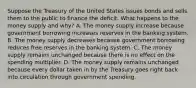 Suppose the Treasury of the United States issues bonds and sells them to the public to finance the deficit. What happens to the money supply and​ why? A. The money supply increase because government borrowing increases reserves in the banking system. B. The money supply decreases because government borrowing reduces free reserves in the banking system. C. The money supply remains unchanged because there is no effect on the spending multiplier. D. The money supply remains unchanged because every dollar taken in by the Treasury goes right back into circulation through government spending.