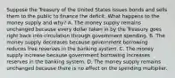 Suppose the Treasury of the United States issues bonds and sells them to the public to finance the deficit. What happens to the money supply and​ why? A. The money supply remains unchanged because every dollar taken in by the Treasury goes right back into circulation through government spending. B. The money supply decreases because government borrowing reduces free reserves in the banking system. C. The money supply increase because government borrowing increases reserves in the banking system. D. The money supply remains unchanged because there is no effect on the spending multiplier.