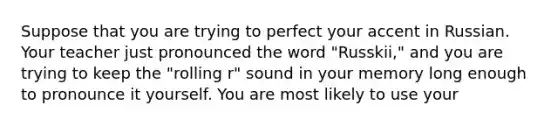 Suppose that you are trying to perfect your accent in Russian. Your teacher just pronounced the word "Russkii," and you are trying to keep the "rolling r" sound in your memory long enough to pronounce it yourself. You are most likely to use your