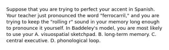 Suppose that you are trying to perfect your accent in Spanish. Your teacher just pronounced the word "ferrocarril," and you are trying to keep the "rolling r" sound in your memory long enough to pronounce it yourself. In Baddeley's model, you are most likely to use your A. visuospatial sketchpad. B. long-term memory. C. central executive. D. phonological loop.