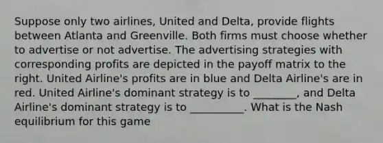 Suppose only two​ airlines, United and​ Delta, provide flights between Atlanta and Greenville. Both firms must choose whether to advertise or not advertise. The advertising strategies with corresponding profits are depicted in the payoff matrix to the right. United​ Airline's profits are in blue and Delta​ Airline's are in red. United​ Airline's dominant strategy is to ________​, and Delta​ Airline's dominant strategy is to __________. What is the Nash equilibrium for this​ game