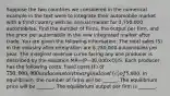 Suppose the two countries we considered in the numerical example in the text were to integrate their automobile market with a third country with an annual market for​ 3,750,000 automobiles. Find the number of​ firms, the output per​ firm, and the price per automobile in the new integrated market after trade. You are given the following​ information: The total sales​ (S) in the industry after integration are​ 6,250,000 automobiles per year. The marginal revenue curve facing any one producer is described by the equation MR=(P−30,000×Q)/S. Each producer has the following​ costs: fixed costs​ (F) of​ 750,000,000 and a constant marginal cost​ (c) of​5,000. In​ equilibrium, the number of firms will be ______. The equilibrium price will be _______. The equilibrium output per firm is _______.