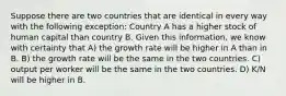 Suppose there are two countries that are identical in every way with the following exception: Country A has a higher stock of human capital than country B. Given this information, we know with certainty that A) the growth rate will be higher in A than in B. B) the growth rate will be the same in the two countries. C) output per worker will be the same in the two countries. D) K/N will be higher in B.