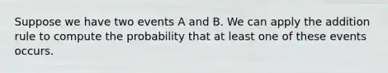 Suppose we have two events A and B. We can apply the addition rule to compute the probability that at least one of these events occurs.