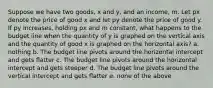 Suppose we have two goods, x and y, and an income, m. Let px denote the price of good x and let py denote the price of good y. If py increases, holding px and m constant, what happens to the budget line when the quantity of y is graphed on the vertical axis and the quantity of good x is graphed on the horizontal axis? a. nothing b. The budget line pivots around the horizontal intercept and gets ﬂatter c. The budget line pivots around the horizontal intercept and gets steeper d. The budget line pivots around the vertical intercept and gets ﬂatter e. none of the above