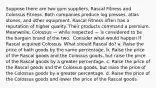 Suppose there are two gym suppliers, Rascal Fitness and Colossus Fitness. Both companies produce log presses, atlas stones, and other equipment. Rascal Fitness often has a reputation of higher quality. Their products command a premium. Meanwhile, Colossus — while respected — is considered to be the bargain brand of the two. ​ Consider what would happen if Rascal acquired Colossus. What should Rascal do? a. Raise the price of both goods by the same percentage. b. Raise the price of the Rascal goods and the Colossus goods, but raise the price of the Rascal goods by a greater percentage. c. Raise the price of the Rascal goods and the Colossus goods, but raise the price of the Colossus goods by a greater percentage. d. Raise the price of the Colossus goods and lower the price of the Rascal goods