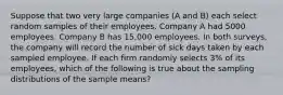 Suppose that two very large companies (A and B) each select random samples of their employees. Company A had 5000 employees. Company B has 15,000 employees. In both surveys, the company will record the number of sick days taken by each sampled employee. If each firm randomly selects 3% of its employees, which of the following is true about the sampling distributions of the sample means?