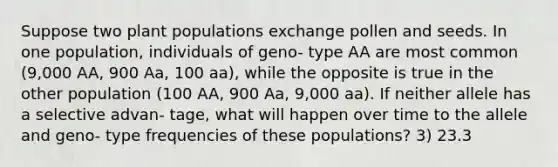 Suppose two plant populations exchange pollen and seeds. In one population, individuals of geno- type AA are most common (9,000 AA, 900 Aa, 100 aa), while the opposite is true in the other population (100 AA, 900 Aa, 9,000 aa). If neither allele has a selective advan- tage, what will happen over time to the allele and geno- type frequencies of these populations? 3) 23.3