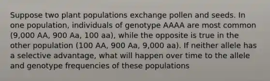 Suppose two plant populations exchange pollen and seeds. In one population, individuals of genotype AAAA are most common (9,000 AA, 900 Aa, 100 aa), while the opposite is true in the other population (100 AA, 900 Aa, 9,000 aa). If neither allele has a selective advantage, what will happen over time to the allele and genotype frequencies of these populations