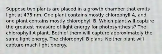 Suppose two plants are placed in a growth chamber that emits light at 475 nm. One plant contains mostly chlorophyll A, and one plant contains mostly chlorophyll B. Which plant will capture the greatest measure of light energy for photosynthesis? The chlorophyll A plant. Both of them will capture approximately the same light energy. The chlorophyll B plant. Neither plant will capture much light energy.