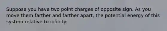 Suppose you have two point charges of opposite sign. As you move them farther and farther apart, the <a href='https://www.questionai.com/knowledge/kdDhnrtU6s-potential-energy' class='anchor-knowledge'>potential energy</a> of this system relative to infinity: