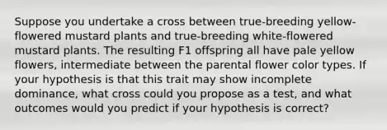 Suppose you undertake a cross between true-breeding yellow-flowered mustard plants and true-breeding white-flowered mustard plants. The resulting F1 offspring all have pale yellow flowers, intermediate between the parental flower color types. If your hypothesis is that this trait may show incomplete dominance, what cross could you propose as a test, and what outcomes would you predict if your hypothesis is correct?