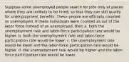 Suppose some unemployed people search for jobs only at places where they are unlikely to be hired, so that they can still qualify for unemployment benefits. These people are officially counted as unemployed. If these individuals were counted as out of the labor force instead of as unemployed, then a. both the unemployment rate and labor‐force participation rate would be higher. b. both the unemployment rate and labor‐force participation rate would be lower. c. the unemployment rate would be lower and the labor‐force participation rate would be higher. d. the unemployment rate would be higher and the labor‐force participation rate would be lower.