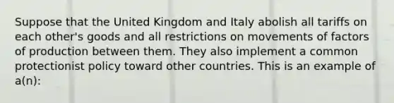 Suppose that the United Kingdom and Italy abolish all tariffs on each other's goods and all restrictions on movements of factors of production between them. They also implement a common protectionist policy toward other countries. This is an example of a(n):