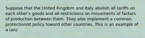 Suppose that the United Kingdom and Italy abolish all tariffs on each other's goods and all restrictions on movements of factors of production between them. They also implement a common protectionist policy toward other countries. This is an example of a (an)