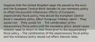 Suppose that the United Kingdom pegs the pound to the euro and the European Central Bank decides to use monetary policy to offset the possible inflationary effects of European expansionary fiscal policy. How would the European Central Bank's monetary policy affect European interest rates? - They would rise. - They would fall. - The combination of the expansionary fiscal policy and the monetary policy would cause interest rates to return to their level prior to the expansionary fiscal policy. - The combination of the expansionary fiscal policy and the monetary policy would not affect interest rates.