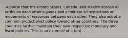 Suppose that the United States, Canada, and Mexico abolish all tariffs on each other's goods and eliminate all restrictions on movements of resources between each other. They also adopt a common protectionist policy toward other countries. The three countries further maintain their own respective monetary and fiscal policies. This is an example of a (an)...