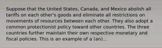 Suppose that the United States, Canada, and Mexico abolish all tariffs on each other's goods and eliminate all restrictions on movements of resources between each other. They also adopt a common protectionist policy toward other countries. The three countries further maintain their own respective monetary and fiscal policies. This is an example of a (an)...