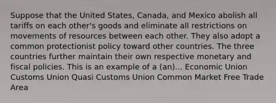 Suppose that the United States, Canada, and Mexico abolish all tariffs on each other's goods and eliminate all restrictions on movements of resources between each other. They also adopt a common protectionist policy toward other countries. The three countries further maintain their own respective monetary and fiscal policies. This is an example of a (an)... Economic Union Customs Union Quasi Customs Union Common Market Free Trade Area