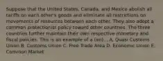 Suppose that the United States, Canada, and Mexico abolish all tariffs on each other's goods and eliminate all restrictions on movements of resources between each other. They also adopt a common protectionist policy toward other countries. The three countries further maintain their own respective monetary and fiscal policies. This is an example of a (an)... A. Quasi Customs Union B. Customs Union C. Free Trade Area D. Economic Union E. Common Market