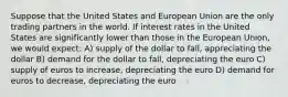 Suppose that the United States and European Union are the only trading partners in the world. If interest rates in the United States are significantly lower than those in the European Union, we would expect: A) supply of the dollar to fall, appreciating the dollar B) demand for the dollar to fall, depreciating the euro C) supply of euros to increase, depreciating the euro D) demand for euros to decrease, depreciating the euro