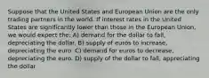 Suppose that the United States and European Union are the only trading partners in the world. If interest rates in the United States are significantly lower than those in the European Union, we would expect the: A) demand for the dollar to fall, depreciating the dollar. B) supply of euros to increase, depreciating the euro. C) demand for euros to decrease, depreciating the euro. D) supply of the dollar to fall, appreciating the dollar