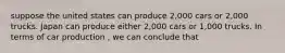 suppose the united states can produce 2,000 cars or 2,000 trucks. Japan can produce either 2,000 cars or 1,000 trucks. In terms of car production , we can conclude that