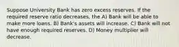 Suppose University Bank has zero excess reserves. If the required reserve ratio decreases, the A) Bank will be able to make more loans. B) Bank's assets will increase. C) Bank will not have enough required reserves. D) Money multiplier will decrease.