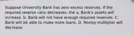 Suppose University Bank has zero excess reserves. If the required reserve ratio decreases, the a. Bank's assets will increase. b. Bank will not have enough required reserves. C. Bank will be able to make more loans. D. Money multiplier will decrease.