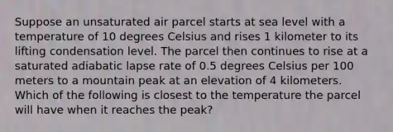 Suppose an unsaturated air parcel starts at sea level with a temperature of 10 degrees Celsius and rises 1 kilometer to its lifting condensation level. The parcel then continues to rise at a saturated adiabatic lapse rate of 0.5 degrees Celsius per 100 meters to a mountain peak at an elevation of 4 kilometers. Which of the following is closest to the temperature the parcel will have when it reaches the peak?