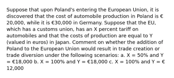 Suppose that upon​ Poland's entering the European​ Union, it is discovered that the cost of automobile production in Poland is €​20,000, while it is €​30,000 in Germany. Suppose that the​ EU, which has a customs​ union, has an X percent tariff on automobiles and that the costs of production are equal to Y ​(valued in​ euros) in Japan. Comment on whether the addition of Poland to the European Union would result in trade creation or trade diversion under the following​ scenarios: a. X​ = 50% and Y ​= €​18,000 b. X ​= 100% and Y ​= €​18,000 c. X ​= 100% and Y ​= €​12,000