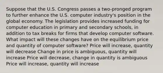 Suppose that the U.S. Congress passes a two-pronged program to further enhance the U.S. computer industry's position in the global economy. The legislation provides increased funding for computer education in primary and secondary schools, in addition to tax breaks for firms that develop computer software. What impact will these changes have on the equilibrium price and quantity of computer software? Price will increase, quantity will decrease Change in price is ambiguous, quantity will increase Price will decrease, change in quantity is ambiguous Price will increase, quantity will increase