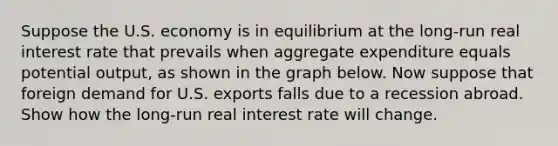 Suppose the U.S. economy is in equilibrium at the long-run real interest rate that prevails when aggregate expenditure equals potential output, as shown in the graph below. Now suppose that foreign demand for U.S. exports falls due to a recession abroad. Show how the long-run real interest rate will change.