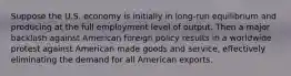 Suppose the U.S. economy is initially in long-run equilibrium and producing at the full employment level of output. Then a major backlash against American foreign policy results in a worldwide protest against American made goods and service, effectively eliminating the demand for all American exports.