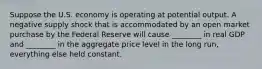 Suppose the U.S. economy is operating at potential output. A negative supply shock that is accommodated by an open market purchase by the Federal Reserve will cause ________ in real GDP and ________ in the aggregate price level in the long run, everything else held constant.