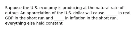 Suppose the U.S. economy is producing at the natural rate of output. An appreciation of the U.S. dollar will cause ______ in real GDP in the short run and _____ in inflation in the short run, everything else held constant